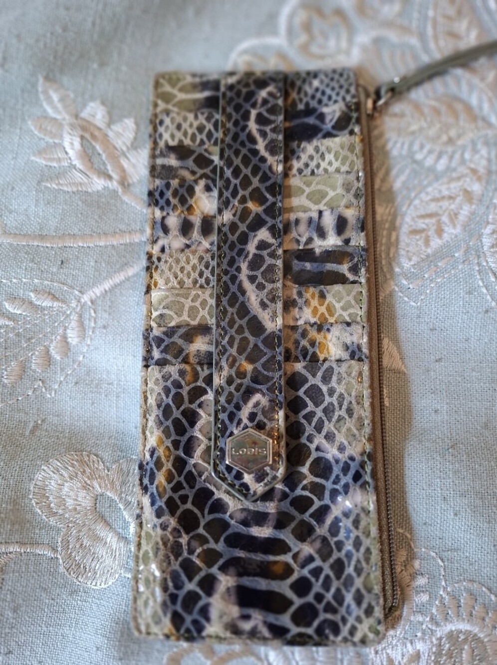Lodis Multicolor Snakeskin-Print Card Holder, Brown & Cream